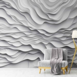 Modern 3D Gray Wave Wallpaper for Living Room or Dining | Neutral Peel and Stick Wall Mural – Textured Abstract Wall Decor Accent
