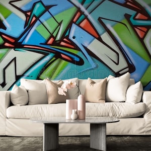 Graffiti Wallpaper Mural – Urban Street Art Wall Design for Game Rooms or Teen Bedrooms, Removable Self-Adhesive Textured Wall Covering