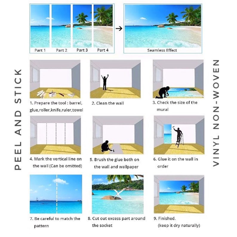 May include: A step-by-step guide on how to install a peel and stick wallpaper mural. The image shows a beach scene with palm trees and turquoise water. The instructions include preparing the wall, applying glue, and matching the pattern.