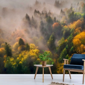 Art mural de papier peint de forêt de vue de drone, papiers peints démontables de décoller et de coller pour le décor de salon, conception murale de papier peint inspiré de la nature