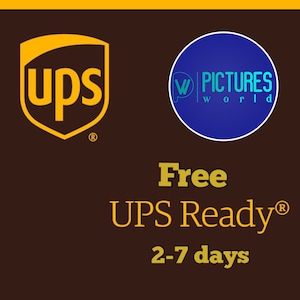 May include: A brown background with a yellow UPS logo on the left and a blue circle with the text "W PICTURES world" on the right. The text "Free UPS Ready&reg; 2-7 days" is in yellow on the bottom.