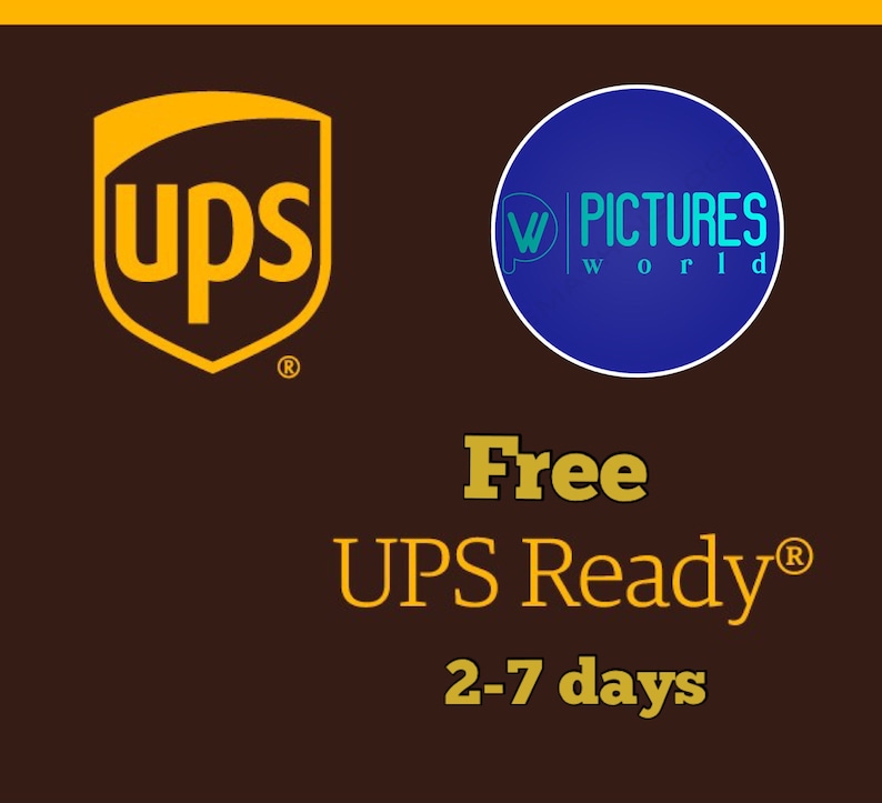 May include: A brown background with a yellow UPS logo on the left and a blue circle with the text "W PICTURES world" on the right. The text "Free UPS Ready&reg; 2-7 days" is in yellow on the bottom.