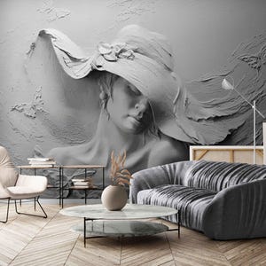 3D Woman Relief Wall Mural – Elegant Textured-Effect Grayscale Wallpaper, Artistic Modern Wall Art for Living Room, Salon, or Bedroom Deco