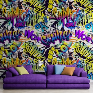 Coole Spielzimmer-Tapeten für Kinder, schälen und aufkleben entfernbares Vinyl und klassische Tapete für lustige Schlafzimmer-Wandverkleidung, Graffiti-Wandkunst