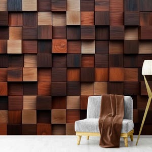 Dunkles Holz Tapete 3D-Block Schälen und Aufkleben Braun Geometrisches Wandbild Rustikale Vinyl Vlies Bedeckung Moderne Büro Akzent Tapete