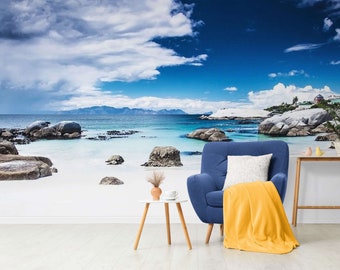 Mural de papel pintado con vista a la playa costera – Vinilo autoadhesivo o textura de arena