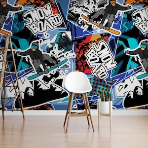 Snowboard Graffiti Peel and Stick Wallpaper / Murale da parete per camera da letto dei ragazzi / Carta da parati Graffiti Art per sale giochi e camerette per adolescenti