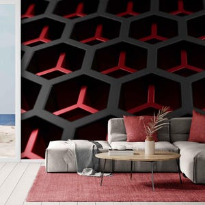 3D Geometric Hexagon Wall Mural – Red and Black Peel and Stick Wallpaper, Futuristic Abstract Wall Art for Living Room, Office, or Modern