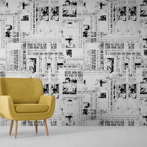 Vintage Newspaper Print Wallpaper – Black & White Newspaper Mural Peel and stick Collage Retro Mural Wall Art Restaurant wallpaper Pub decor