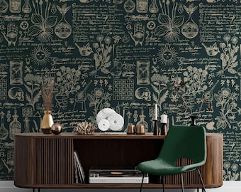 Retro Apothecary Wallpaper, Botanical Mural, Peel and Stick