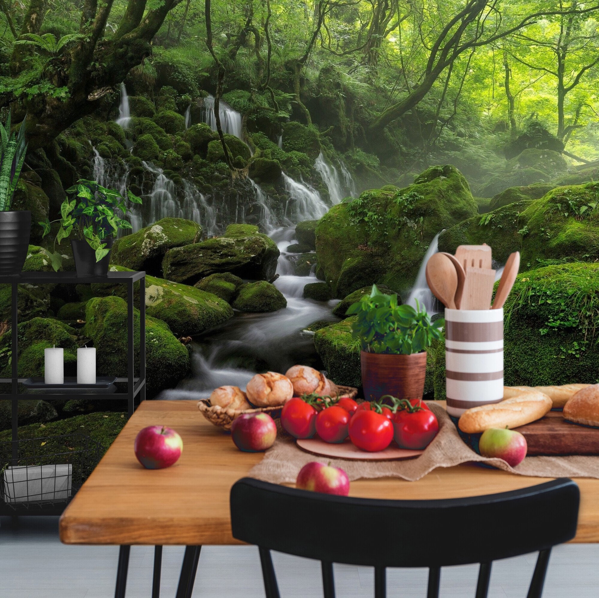 Kitchen and Dining Wallpaper Green Forest With Waterfall Wall Mural ...
