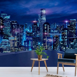 Night City Mural, Cyber Wallpaper Art, Self-Adhesive Decor, Cityscape Wall Art Murals, Cyberpunk City Design, Modern Living Room Wallpaper