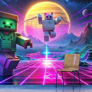May include: A vibrant digital art piece featuring two blocky robots in a futuristic landscape with a grid floor and a large planet. The scene is dominated by neon pink and purple hues, with a wooden chair in the foreground.