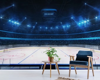 May include: A photo mural depicting an empty ice hockey rink in a large arena with blue lighting and a crowd of spectators in the background. The words "ICE HOCKEY" are displayed on a scoreboard above the rink.