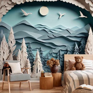 Carta da parati moderna 3D con paesaggio tagliato su carta – murale surreale con cielo notturno e foresta di montagna / stacca e attacca o arte murale tradizionale per gli amanti della natura
