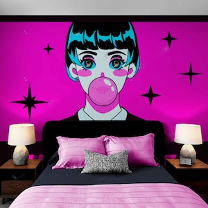 KAWAII Wallpaper, Anime Wallpaper Peel and Stick, Kawaii, Anime Wall Mural, Kawaii Girl Anime Wallpapers, Pink Cartoon Wall Art Removable