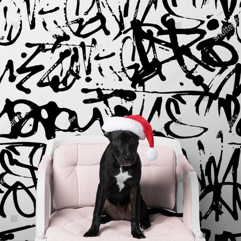 May include: A black dog wearing a red Santa hat sits on a pink chair in front of a white wall with black graffiti.