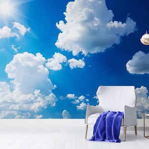Carta da parati adesiva con cielo blu, murale da parete natura, carta da parati 3D per camera da letto, adesivi per carta da parati, murales 3D realistici, carta da parati adesiva in vinile