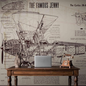 Retro Aircraft Wallpaper Vintage Wall Decor, Airplane Drawing, Curtiss Jenny Biplane Peel & Stick Wallpaper Man Cave, Pilot Gift Room Decor