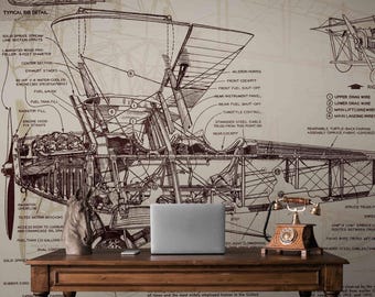 May include: A vintage style illustration of a Curtiss JN-4 airplane, also known as the "Jenny", with detailed diagrams and text describing its parts and features. The image is printed on a beige background with brown ink.
