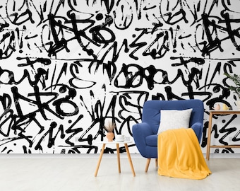 Black and White Graffiti Peel and Stick Wallpaper, Street Art Decor