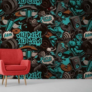 Carta da parati con graffiti per palestra / Carta da parati a tema sportivo / Decorazione murale per camera da letto / Carta da parati con graffiti