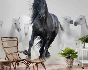 Black & White Horses Wall Mural | Elegant Animal Wallpaper | Peel And Stick or Textured Accent Wall | Modern Home Decor