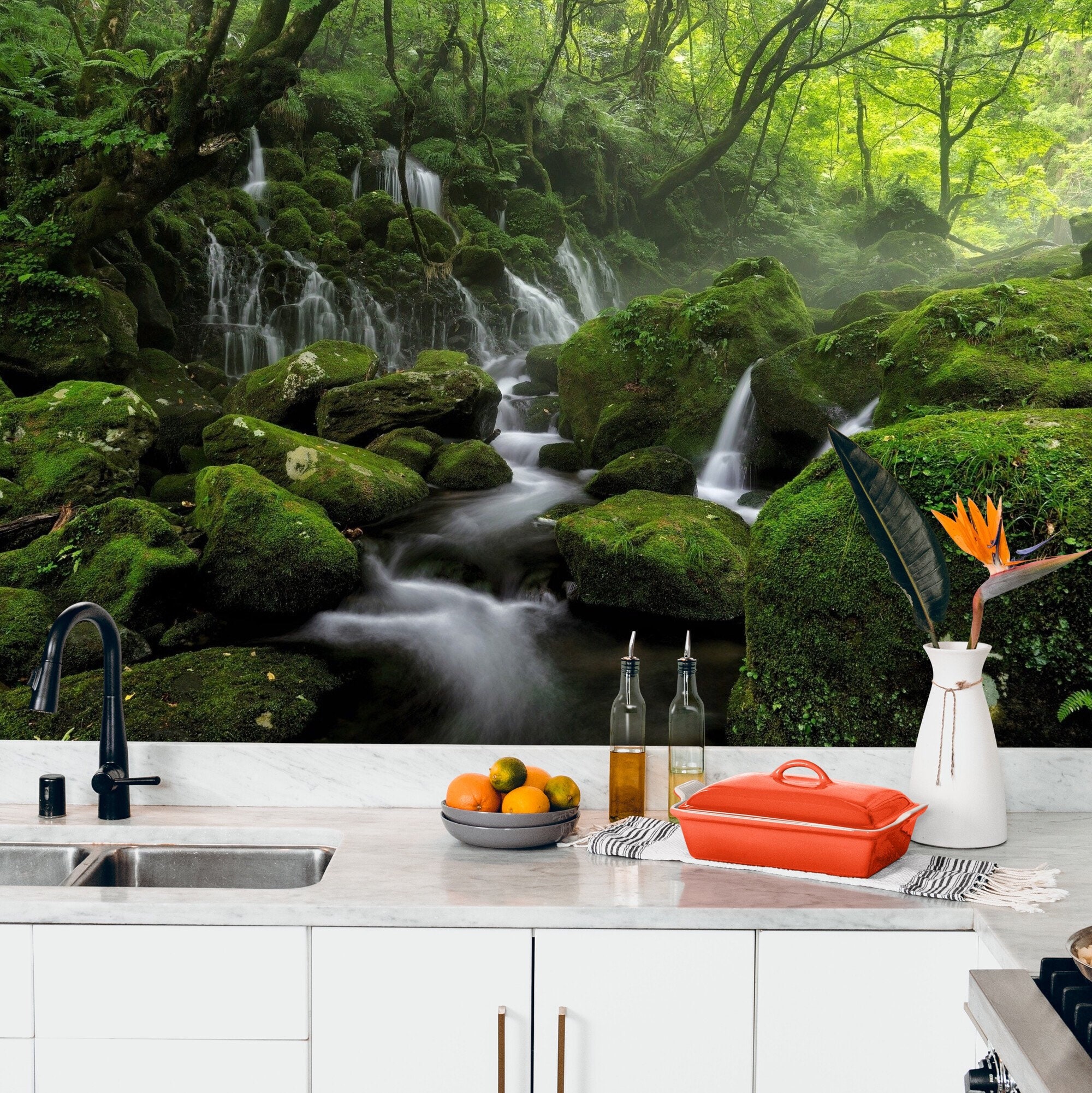 Kitchen and Dining Wallpaper Green Forest With Waterfall Wall Mural ...