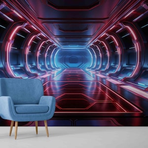 Neon Spaceship Wallpaper Mural: 3D Galaxy Sci-Fi Wall Art