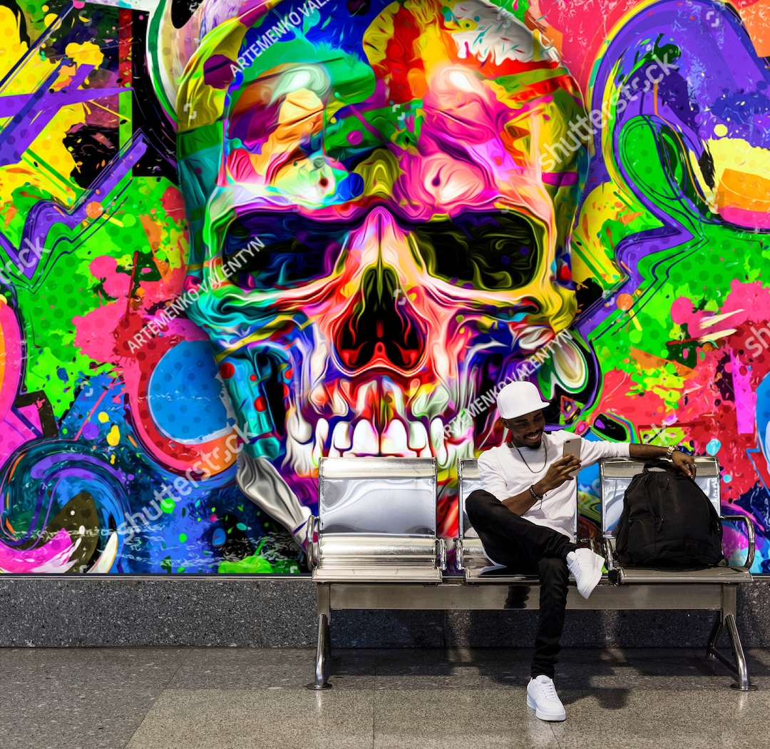 colorful-scull-graffiti-art-wallpaper-peel-stick-mural-vinyl-etsy