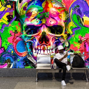 Colorful Scull Graffiti Art Wallpaper Peel Stick Mural Vinyl Street Art Graffiti Wall Mural Colorful Wall decor kid room bedroom wallpaper