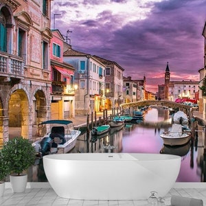 Venezianische Landschaftswandbild, Italienische Vinyltapete, 3D Wandaufkleber, Selbstklebendes Tapetendekor, Tapete abziehen und aufkleben, Stadtkunstwand