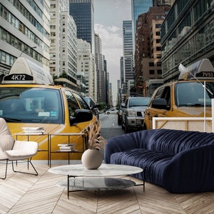 NYC Street View Wallpaper Mural: Yellow Taxi, Urban Cityscape