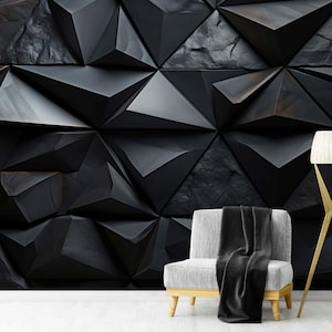 3D black textured wallpaper featuring sharp polygonal design for modern accent walls, Custom geometric wallpaper mural with sleek 3d vibe