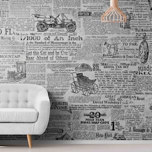 Vintage Zeitung Tapete Schwarz Weiß - Traditionelle Textur oder Selbstklebende Retro Collage Tapete für Wände, Benutzerdefinierte Tapeten-Deko