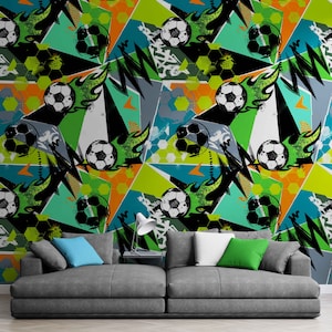 Abstrakte Fußball Tapete - Nahtloses Fußballmuster Wandbild | Jungen Schlafzimmer & Spielzimmer Sport Dekor | Schälen und Kleben oder Stoff Kinderwand