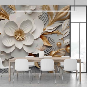 Carta da parati floreale 3D in oro bianco, elegante, da staccare e attaccare, murale di lusso tradizionale in tessuto non tessuto, decorazione moderna per camera da letto.