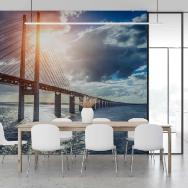 Premium vinyl wallpaper, Bridge view  mural wallpaper,  Custom vinyl Wallpaper, Accent dining wall paper, Large modern wall art Wallpaper