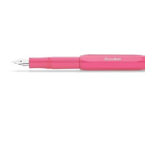 May include: A bright pink fountain pen with a silver nib. The pen has a smooth, solid body and the brand name "Kaweco Sport" is printed in silver on the barrel. The pen is set against a white background.