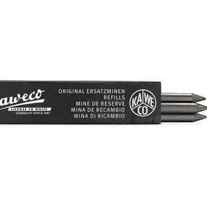 May include: A black box of Kaweco pencil refills. The box has white text that reads "Original Ersatzminen", "Refills", "Mine de Reserve", "Mina de Recambio", and "Mina di Ricambio". The box also has a white logo that reads "Kaweco" and "License to Write Germany Since 1883".