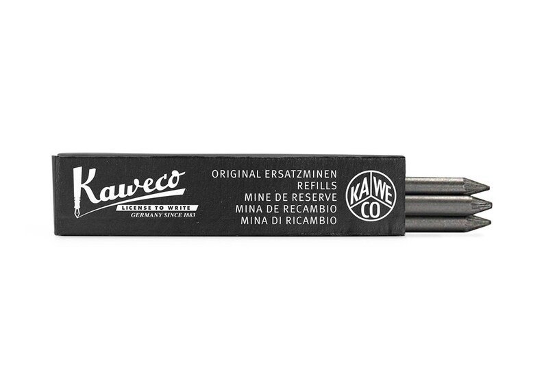 May include: A black box of Kaweco pencil refills. The box has white text that reads "Original Ersatzminen", "Refills", "Mine de Reserve", "Mina de Recambio", and "Mina di Ricambio". The box also has a white logo that reads "Kaweco" and "License to Write Germany Since 1883".