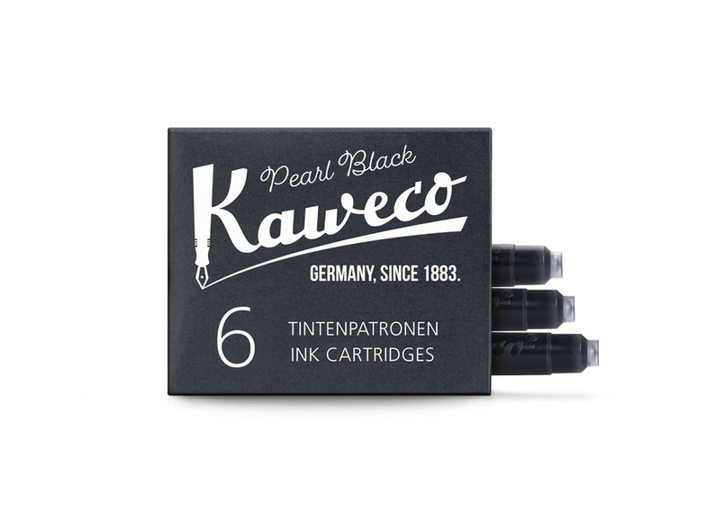 May include: A black box with white text that reads "Pearl Black Kaweco Germany, Since 1883. 6 Tintenpatronen Ink Cartridges". The box contains six black ink cartridges.