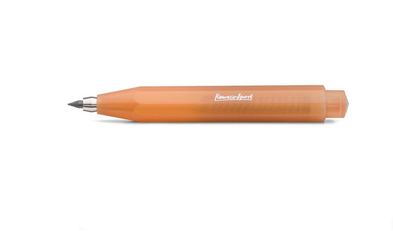 May include: A peach-colored mechanical pencil with a silver tip and the text "Kaweco Sport" printed on the side. The pencil has a hexagonal barrel and a cylindrical end. The pencil is on a white background.