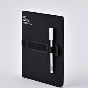 May include: A black notebook with the text "NOT WHITE" and a white pen held by a black elastic band. The notebook is a designer's notebook with 176 pages of fine black paper.