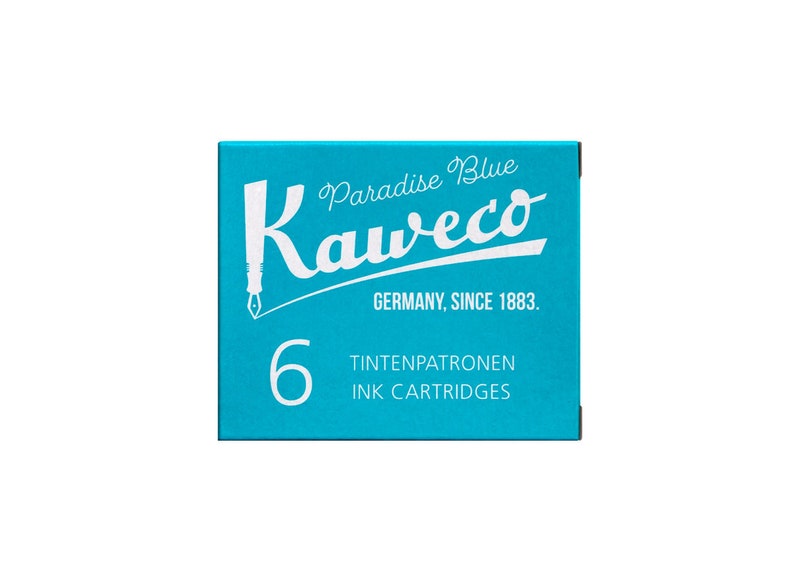 May include: A blue box of six ink cartridges for fountain pens. The box is labeled "Paradise Blue Kaweco" and "Germany, since 1883." The box also says "Tintenpatronen Ink Cartridges".