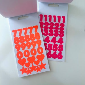 Bloc de pegatinas neón 16 hojas, letras y números de neón, alfabeto neón, pegatina de oficina rosa neón y rojo neón