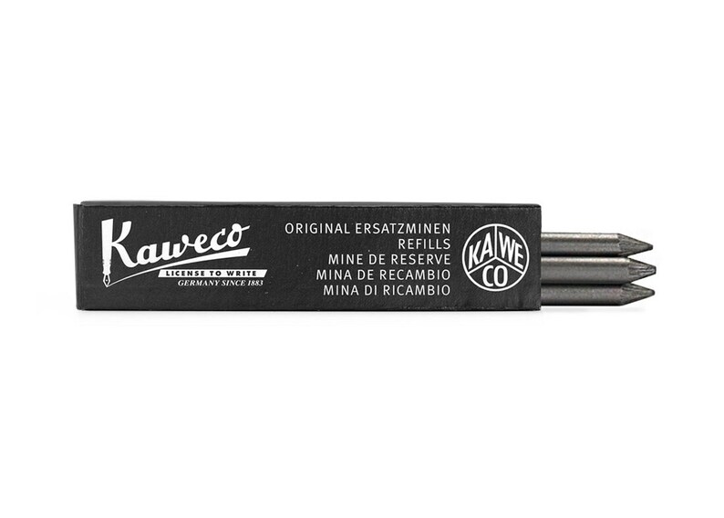 May include: A black box of Kaweco pencil refills. The box has white text that reads "Original Ersatzminen", "Refills", "Mine de Reserve", "Mina de Recambio", and "Mina di Ricambio". The box also has a white logo that reads "Kaweco" and "License to Write Germany Since 1883".