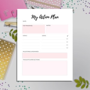 May include: A printable action plan worksheet with sections for date, top priorities, goals, steps, milestones and rewards, and thoughts and reflections. The worksheet has a pink and white color scheme.