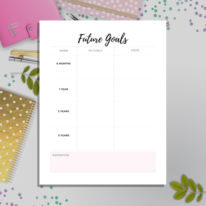 May include: A printable goal setting worksheet with the title "Future Goals". The worksheet is divided into three columns: "When", "My Goals", and "Steps". There are four rows for setting goals at different time intervals: 6 months, 1 year, 2 years, and 5 years. There is also a section at the bottom for "Inspiration".