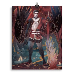 May include: A digital painting of a person with black wings and a red and gold outfit holding a sword. The person is standing in a forest with a glowing crystal behind them.